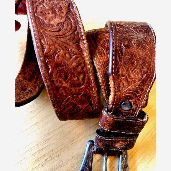 VTG 80s TOOLED LEATHER Western BELT L/XL Silver Buckle & Tip cowboy JUSTIN - Picture 4 of 16